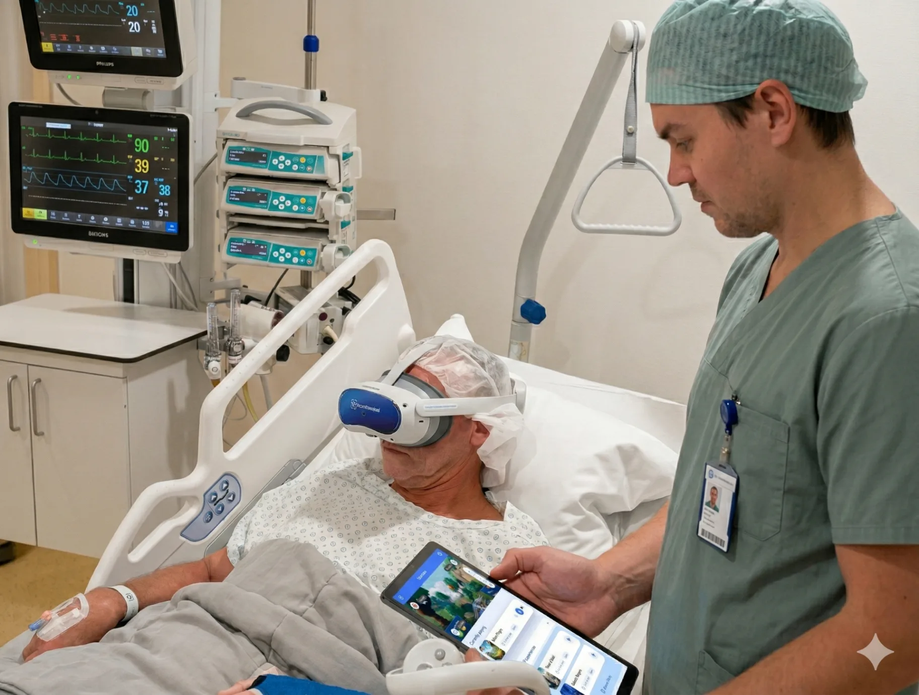 Hospital administrator reviewing SyncVR platform analytics on a tablet at the bedside
